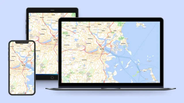mobile, computer, and tablet with a map