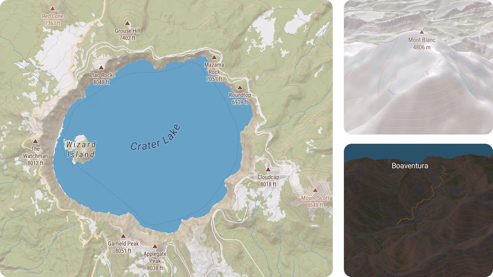 Topo map with various map variants like bright, standard, and dark