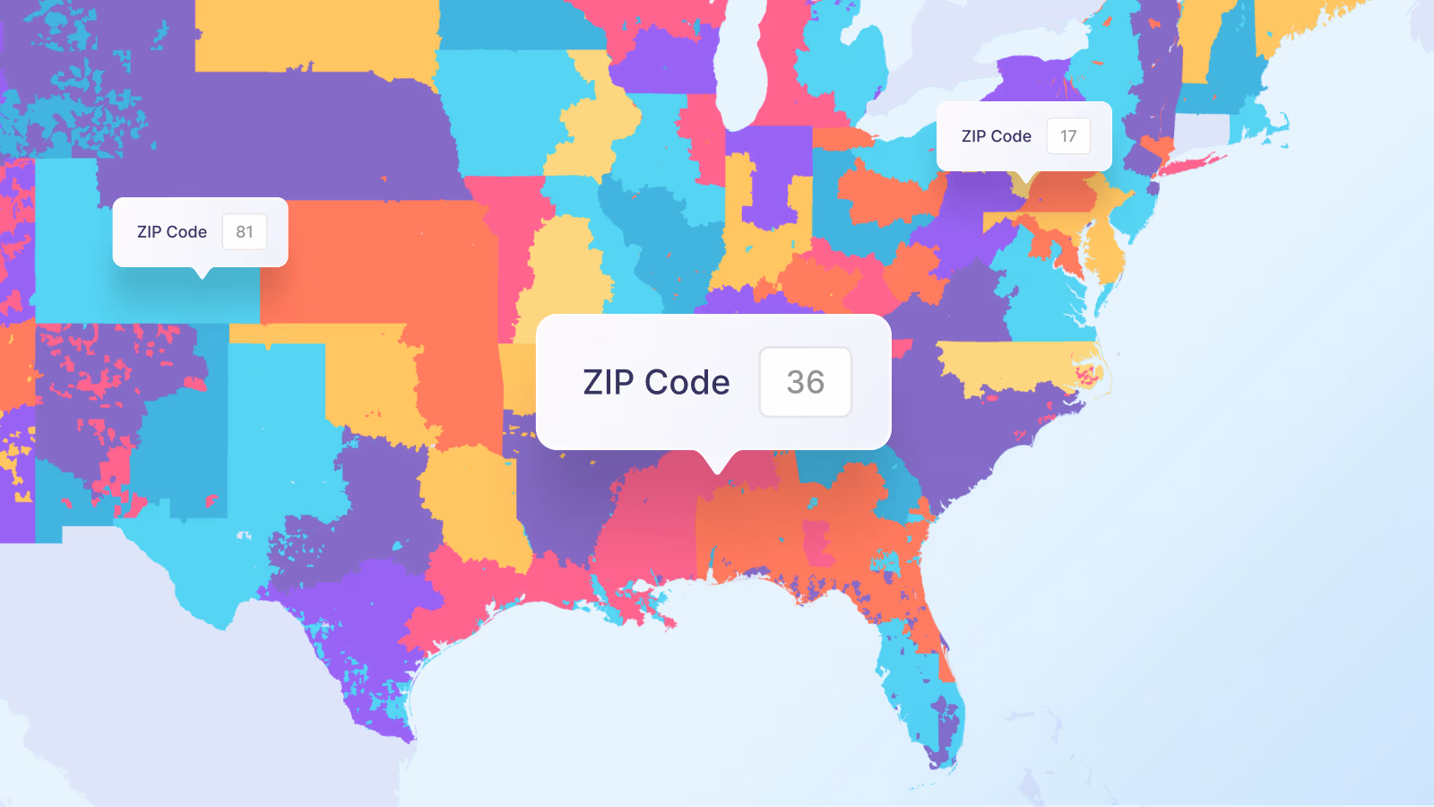 Map showing colorful 2-digit ZIP Code regions across the United States