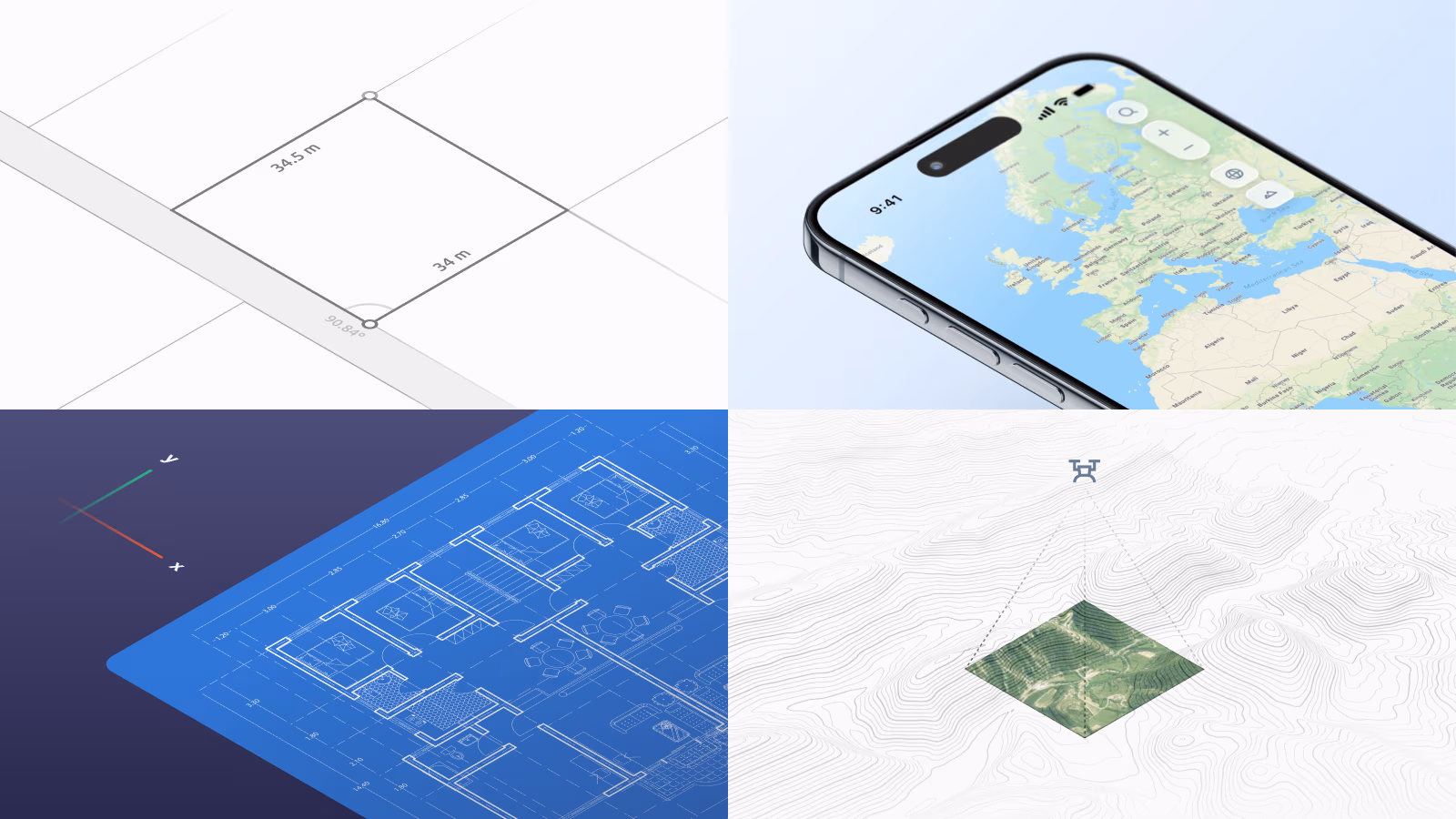 A four-panel grid demonstrating practical uses of coordinate systems, including a 2D CAD plot measurement, a smartphone displaying a map application, an architectural blueprint next to 3D coordinate axes, and a drone surveying a topographical terrain grid.