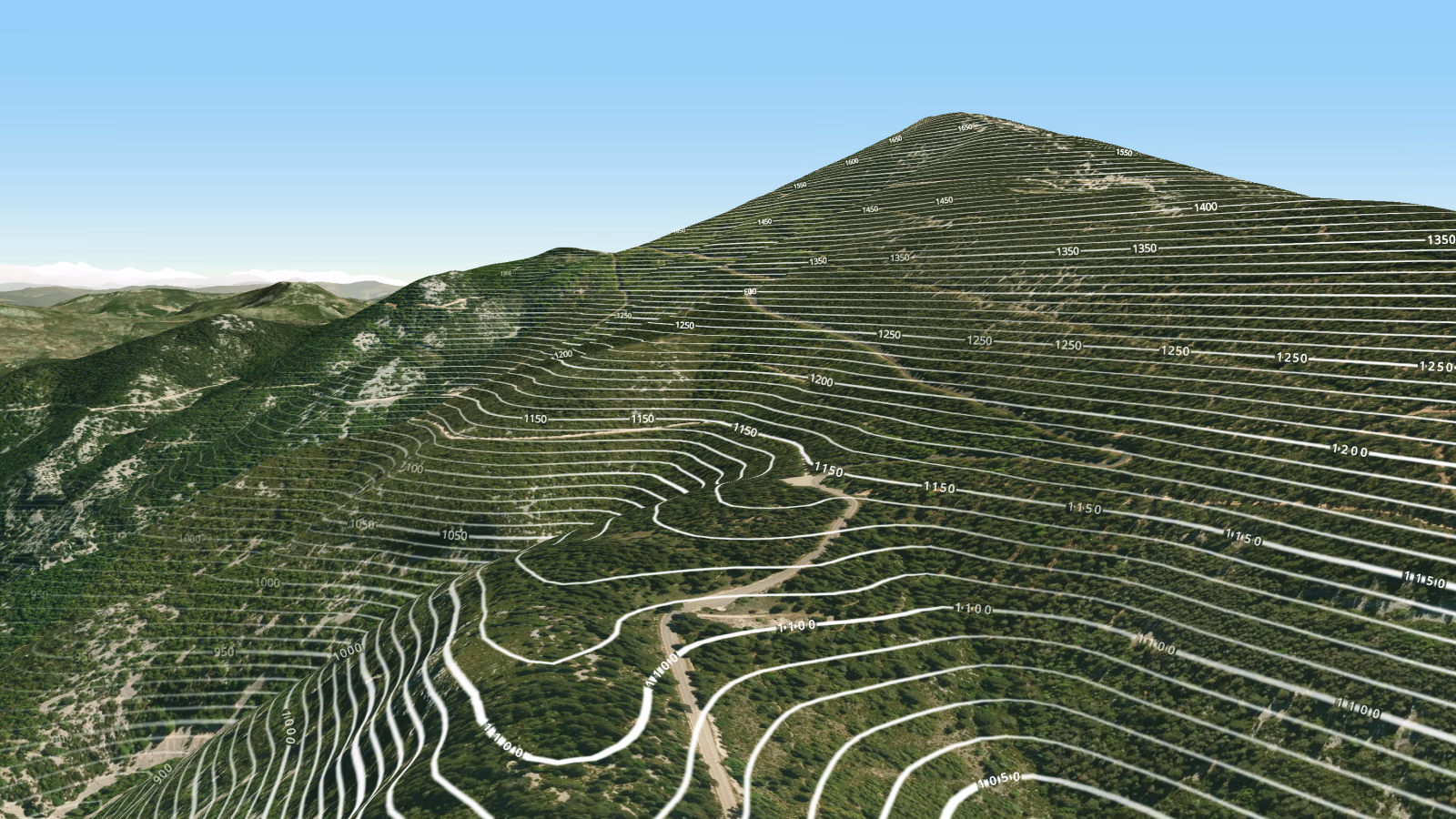 Satellite map with contour lines on top
