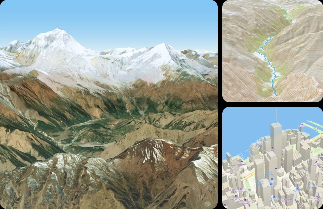 3D maps with satellite, outdoor, and 3D cities