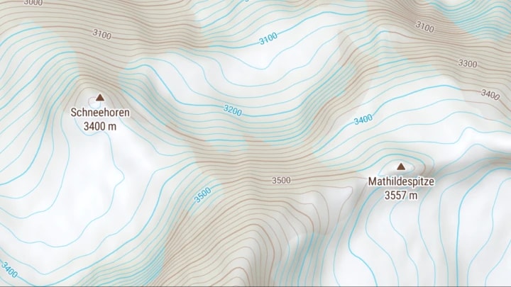 Map with contours on glaciers