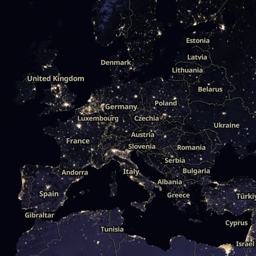 Satellite Hybrid dark map of Europe