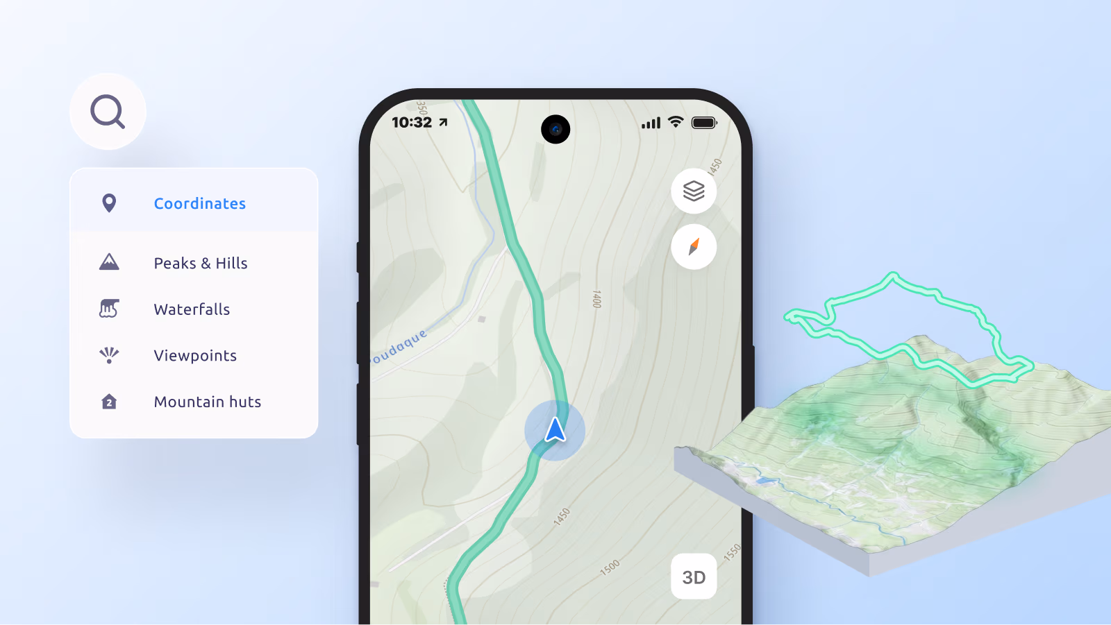 Hiking app with search and 3D terrain