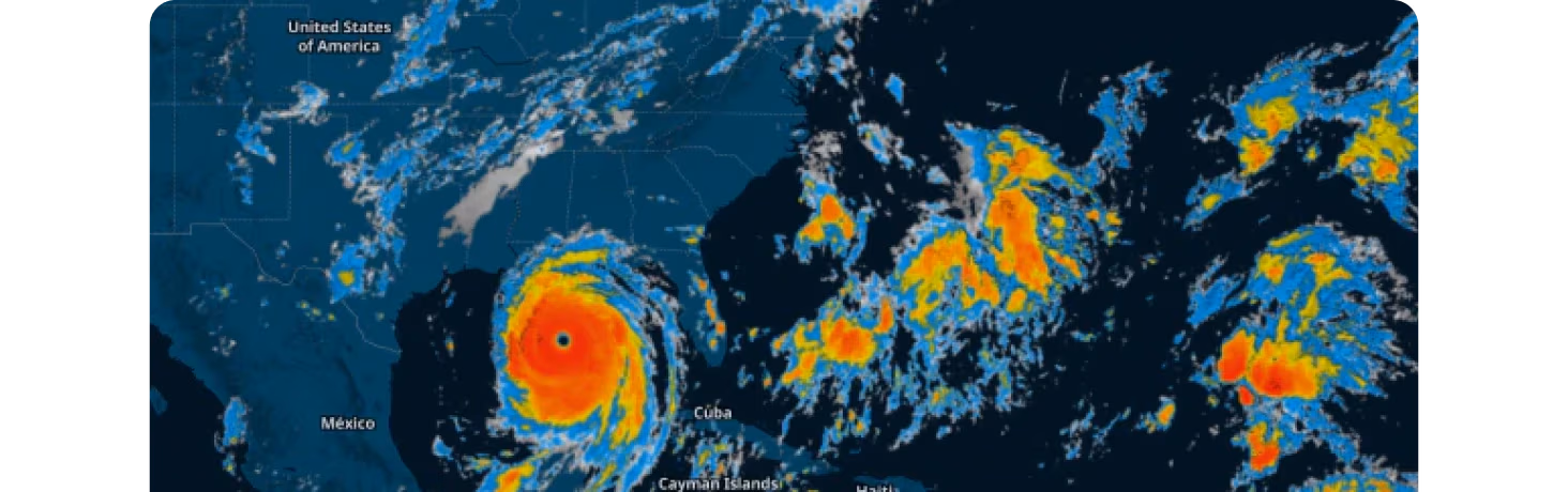 Dark Map with hurricane as rater overlay and other weather features